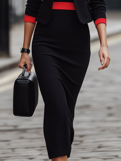 Black Red Trim Blazer & Midi Dress Set by Stylish Polish 