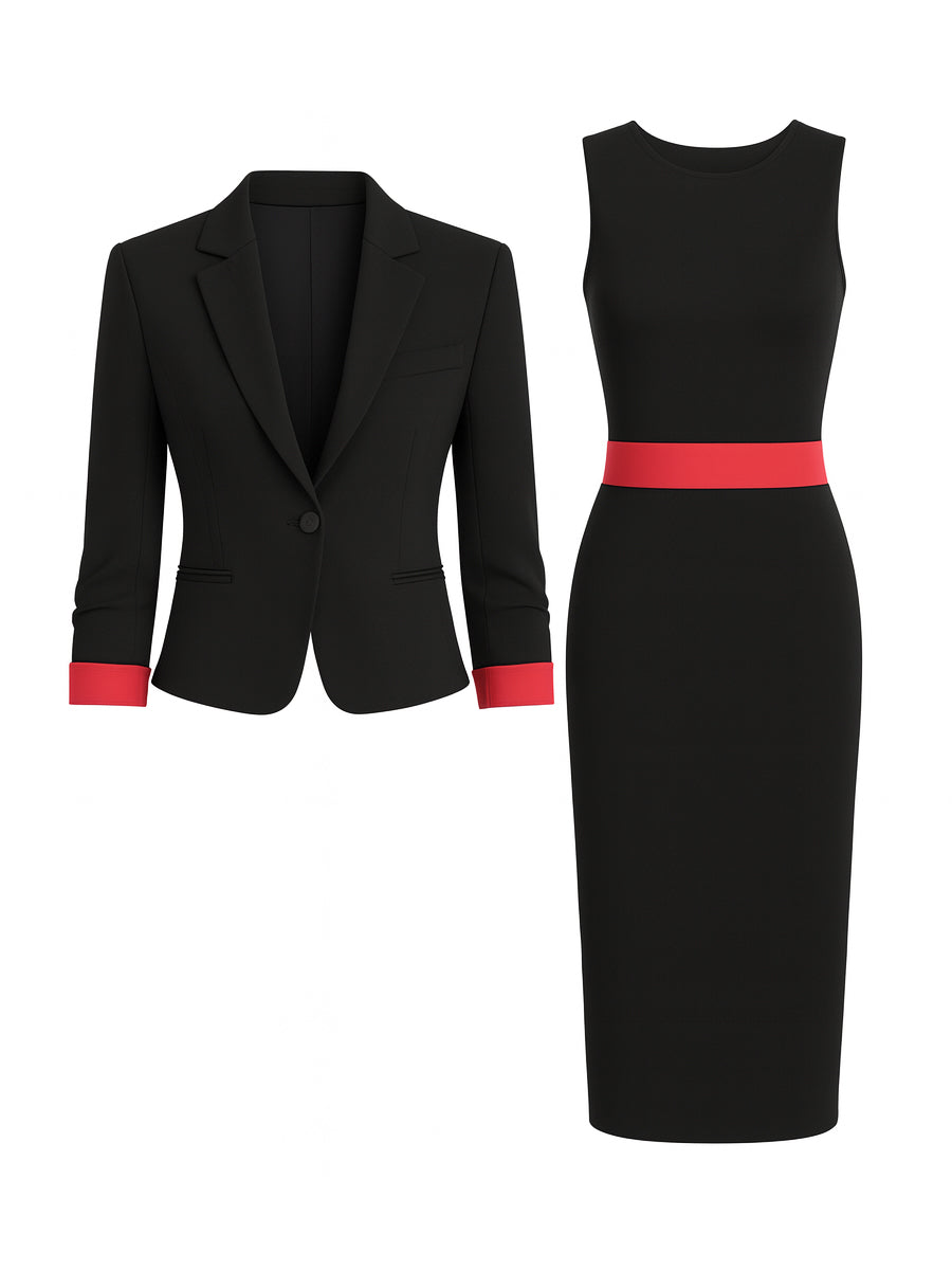 Black Red Trim Blazer & Midi Dress Set by Stylish Polish 