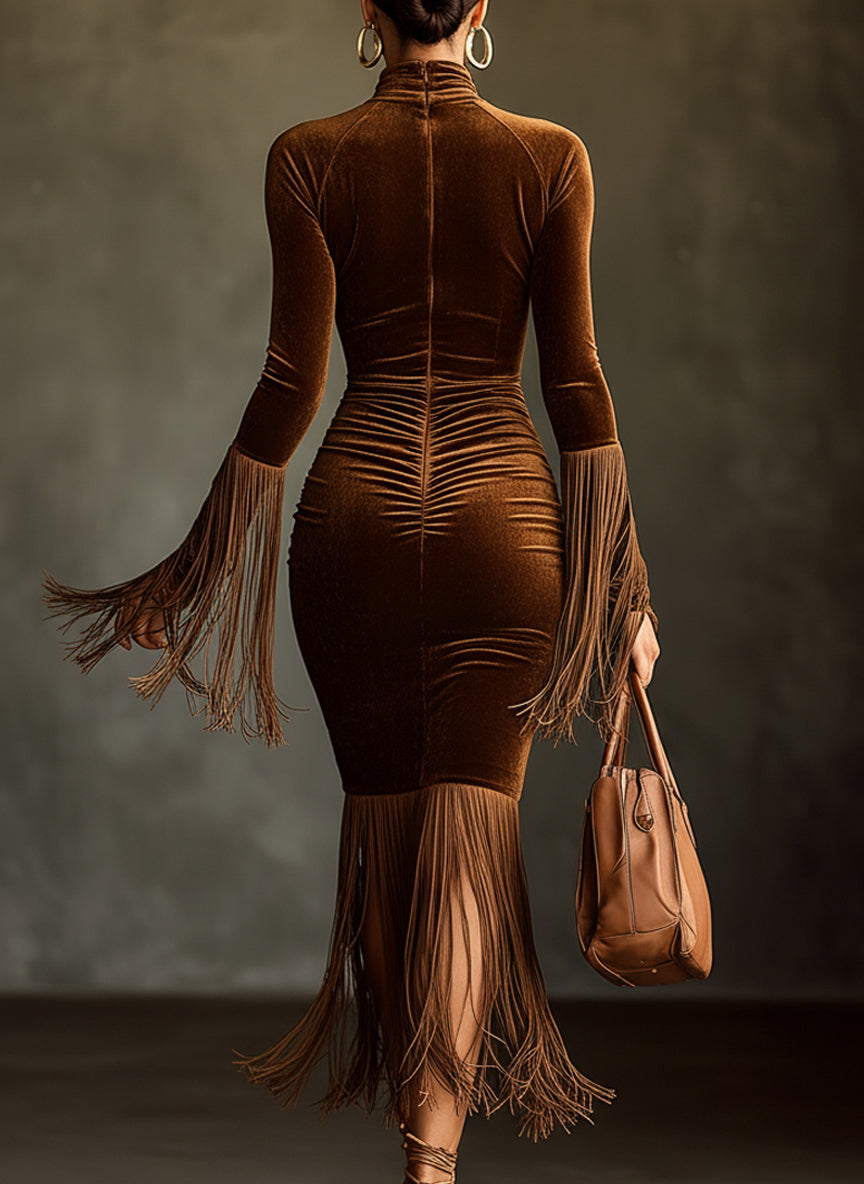 Brown Velvet Cutout Fringe Bodycon Dress by Stylish Polish 