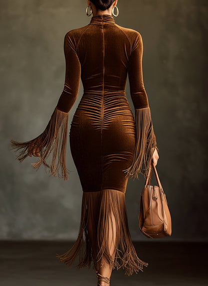 Brown Velvet Cutout Fringe Bodycon Dress by Stylish Polish 