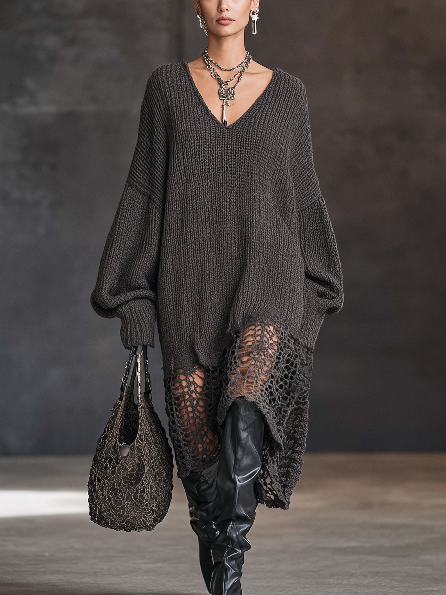 Charcoal V-Neck Knit Mesh Midi Dress by Stylish Polish 