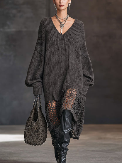 Charcoal V-Neck Knit Mesh Midi Dress by Stylish Polish 