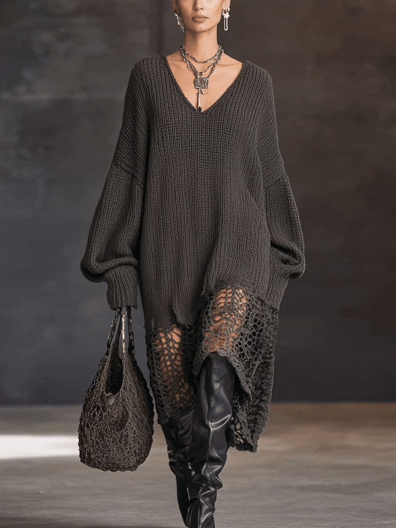 Charcoal V-Neck Knit Mesh Midi Dress by Stylish Polish 