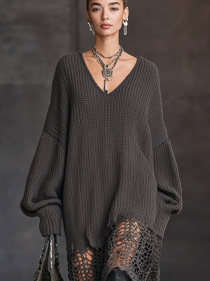 Charcoal V-Neck Knit Mesh Midi Dress by Stylish Polish 