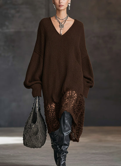 Charcoal V-Neck Knit Mesh Midi Dress by Stylish Polish 