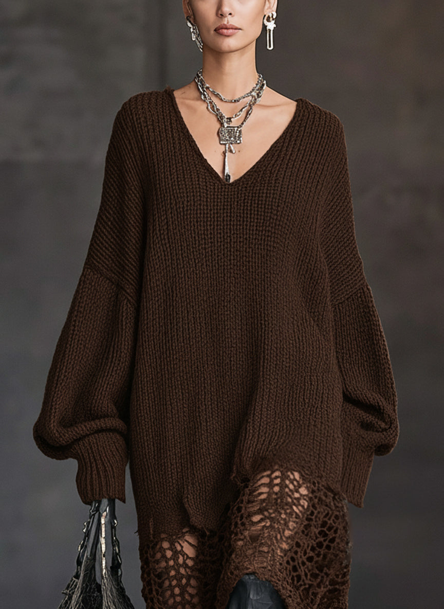 Charcoal V-Neck Knit Mesh Midi Dress by Stylish Polish 