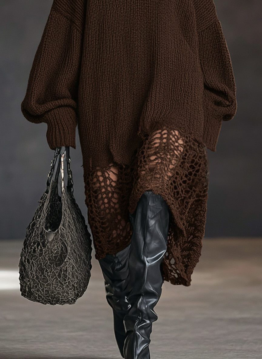 Charcoal V-Neck Knit Mesh Midi Dress by Stylish Polish 