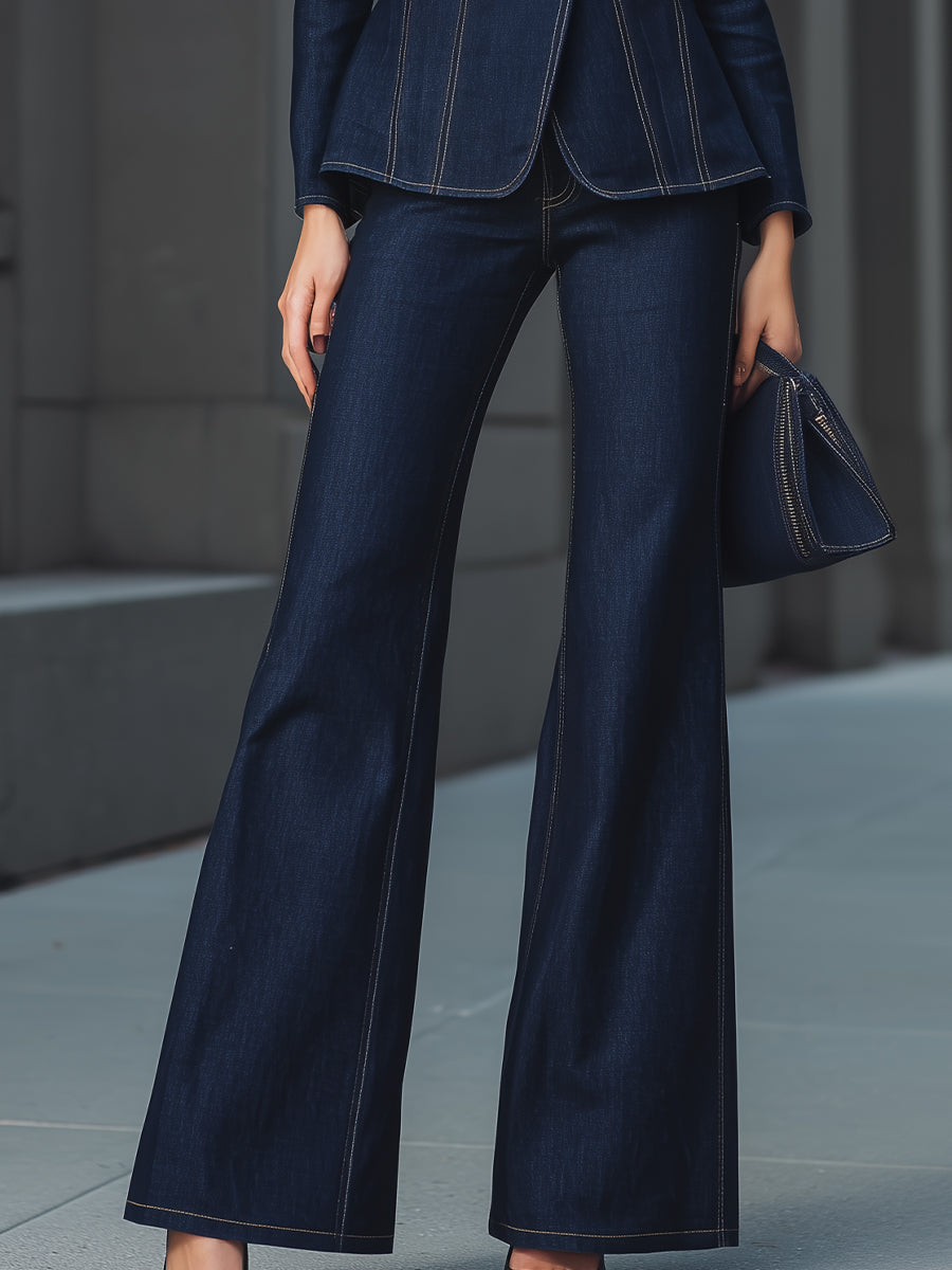 Dark Denim Belted Blazer & Flare Pants Set by Stylish Polish 