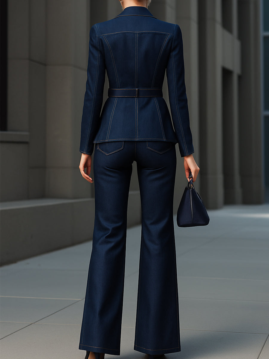 Dark Denim Belted Blazer & Flare Pants Set by Stylish Polish 