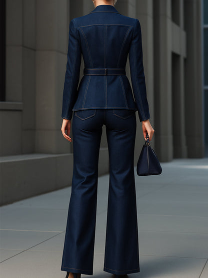 Dark Denim Belted Blazer & Flare Pants Set by Stylish Polish 