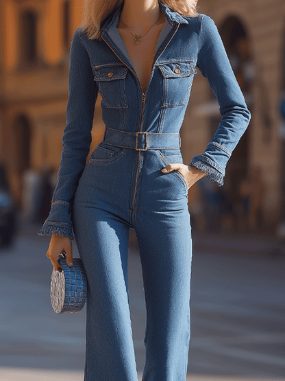 Denim Belted Flared Leg Jumpsuit by Stylish Polish 