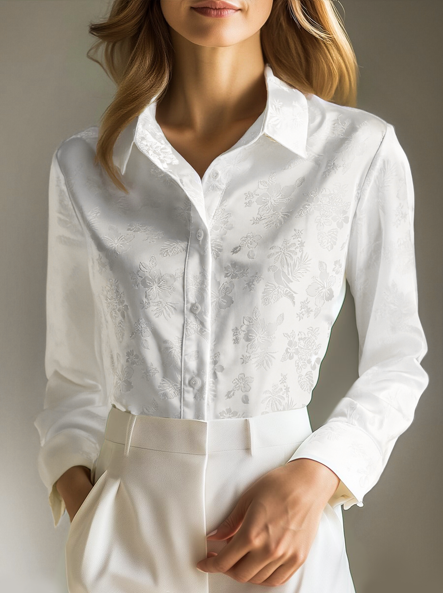 Elegant Ivory Satin Jacquard Shirt by Stylish Polish 
