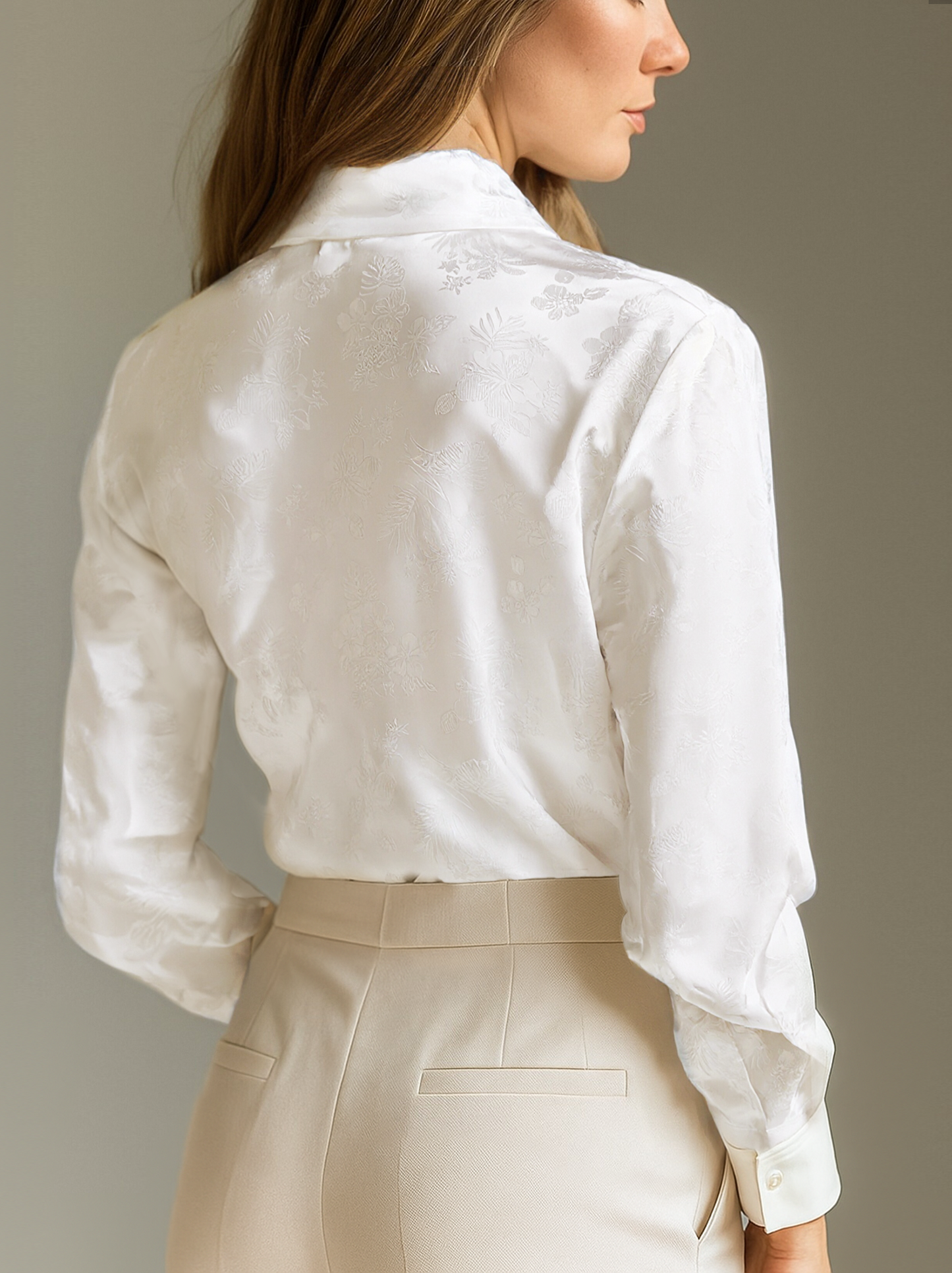 Elegant Ivory Satin Jacquard Shirt by Stylish Polish 