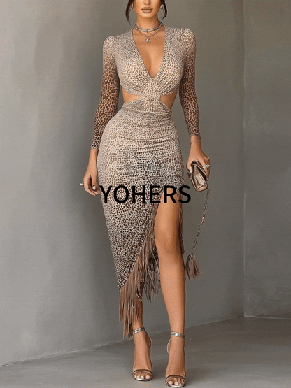 Leopard Print Cutout Fringe Bodycon Dress by Stylish Polish 