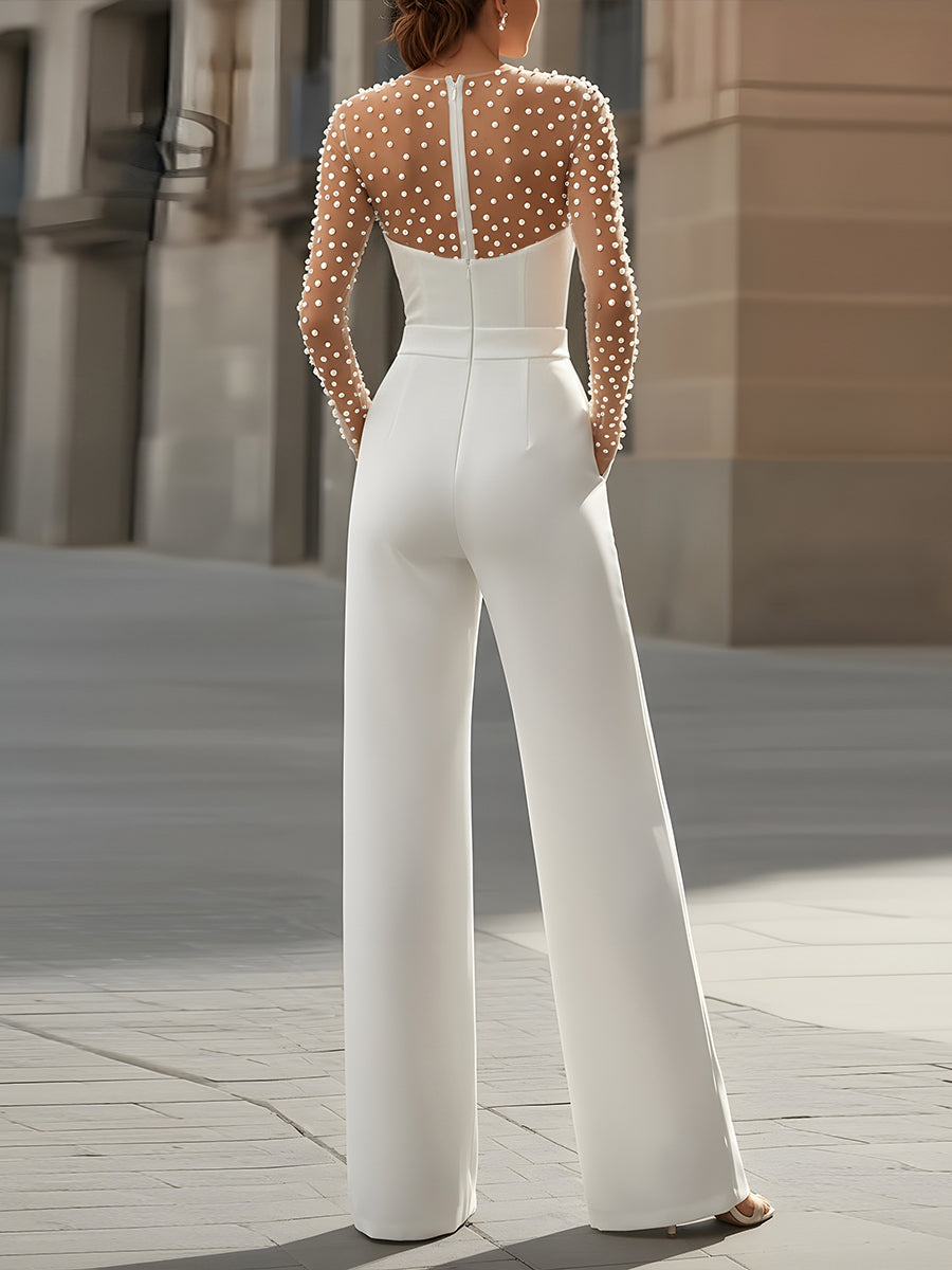 Pearl-Embellished Sheer Sleeve Jumpsuit by Stylish Polish 