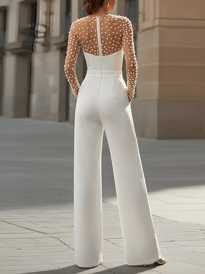 Pearl-Embellished Sheer Sleeve Jumpsuit by Stylish Polish 