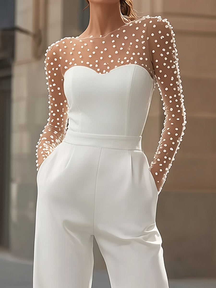 Pearl-Embellished Sheer Sleeve Jumpsuit by Stylish Polish 