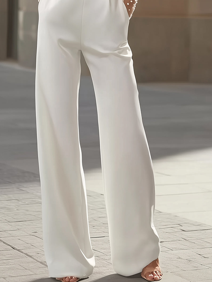 Pearl-Embellished Sheer Sleeve Jumpsuit by Stylish Polish 