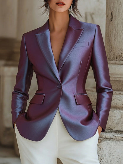 Purple Shimmer Satin Single Button Blazer by Stylish Polish 