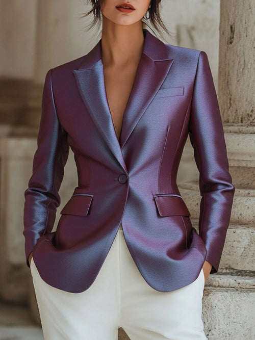 Purple Shimmer Satin Single Button Blazer by Stylish Polish 