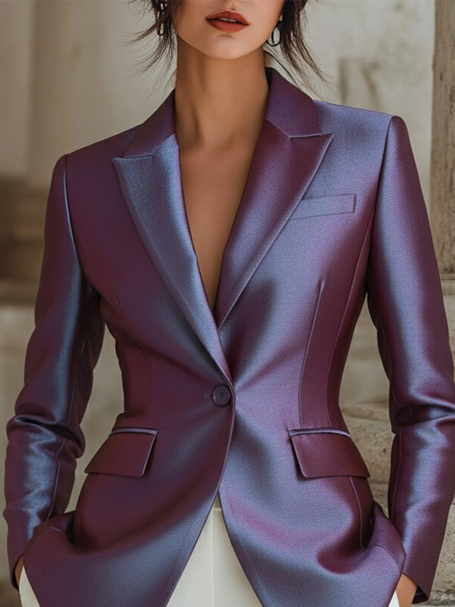 Purple Shimmer Satin Single Button Blazer by Stylish Polish 