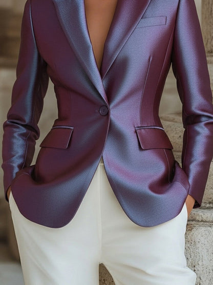 Purple Shimmer Satin Single Button Blazer by Stylish Polish 