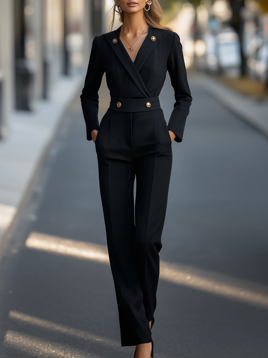 Sleek Black Tailored Gold Button Jumpsuit by Stylish Polish 
