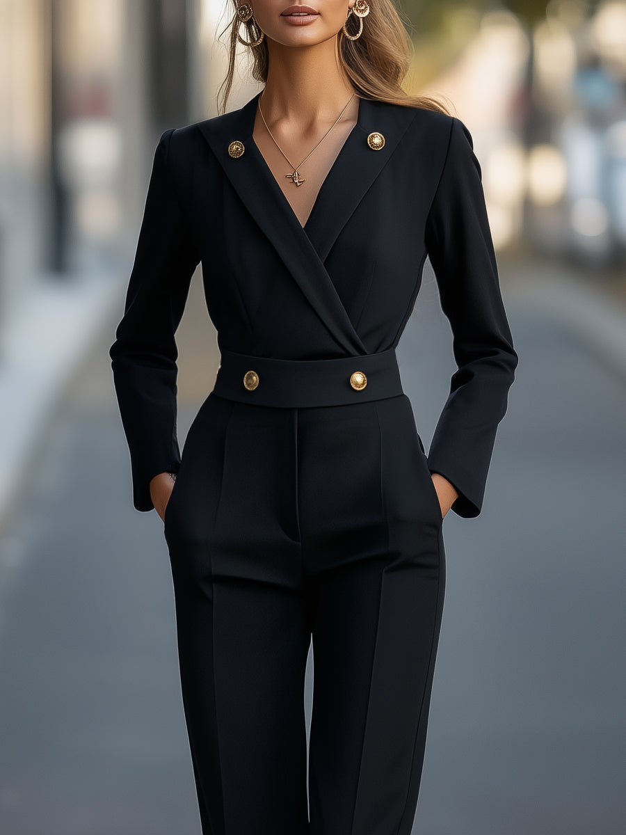 Sleek Black Tailored Gold Button Jumpsuit by Stylish Polish 