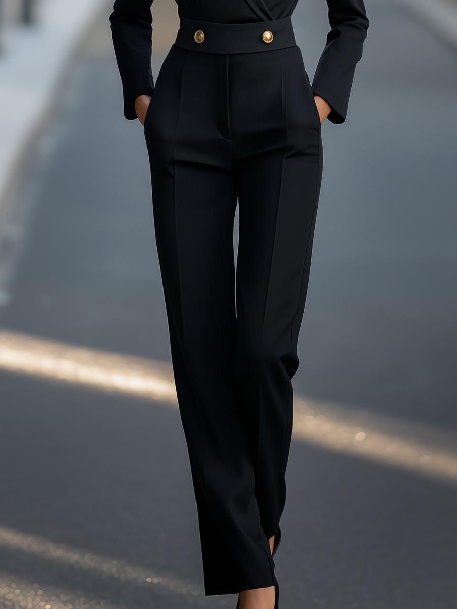 Sleek Black Tailored Gold Button Jumpsuit by Stylish Polish 