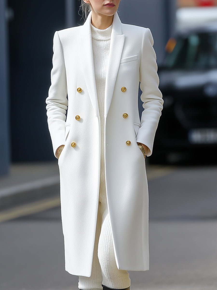 White Double Breasted Gold Button Coat by Stylish Polish 