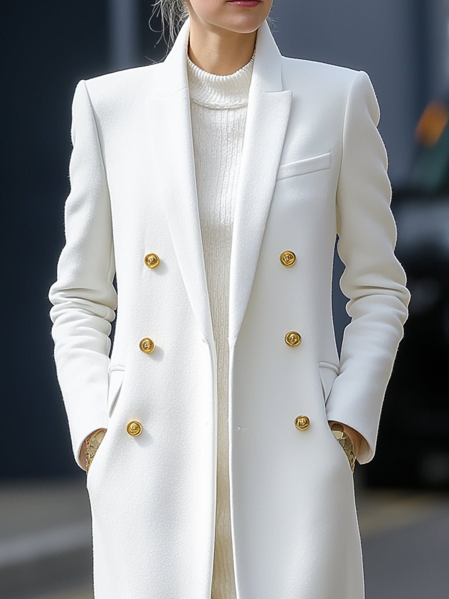 White Double Breasted Gold Button Coat by Stylish Polish 