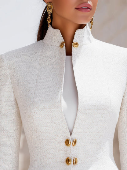 White Tweed Stand Collar Gold Button Blazer by Stylish Polish 