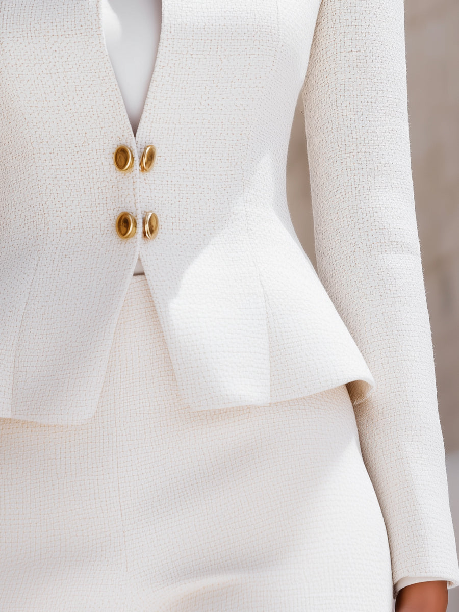 White Tweed Stand Collar Gold Button Blazer by Stylish Polish 