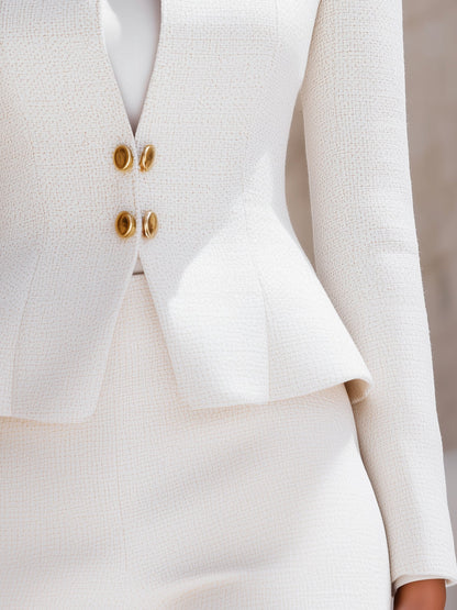 White Tweed Stand Collar Gold Button Blazer by Stylish Polish 