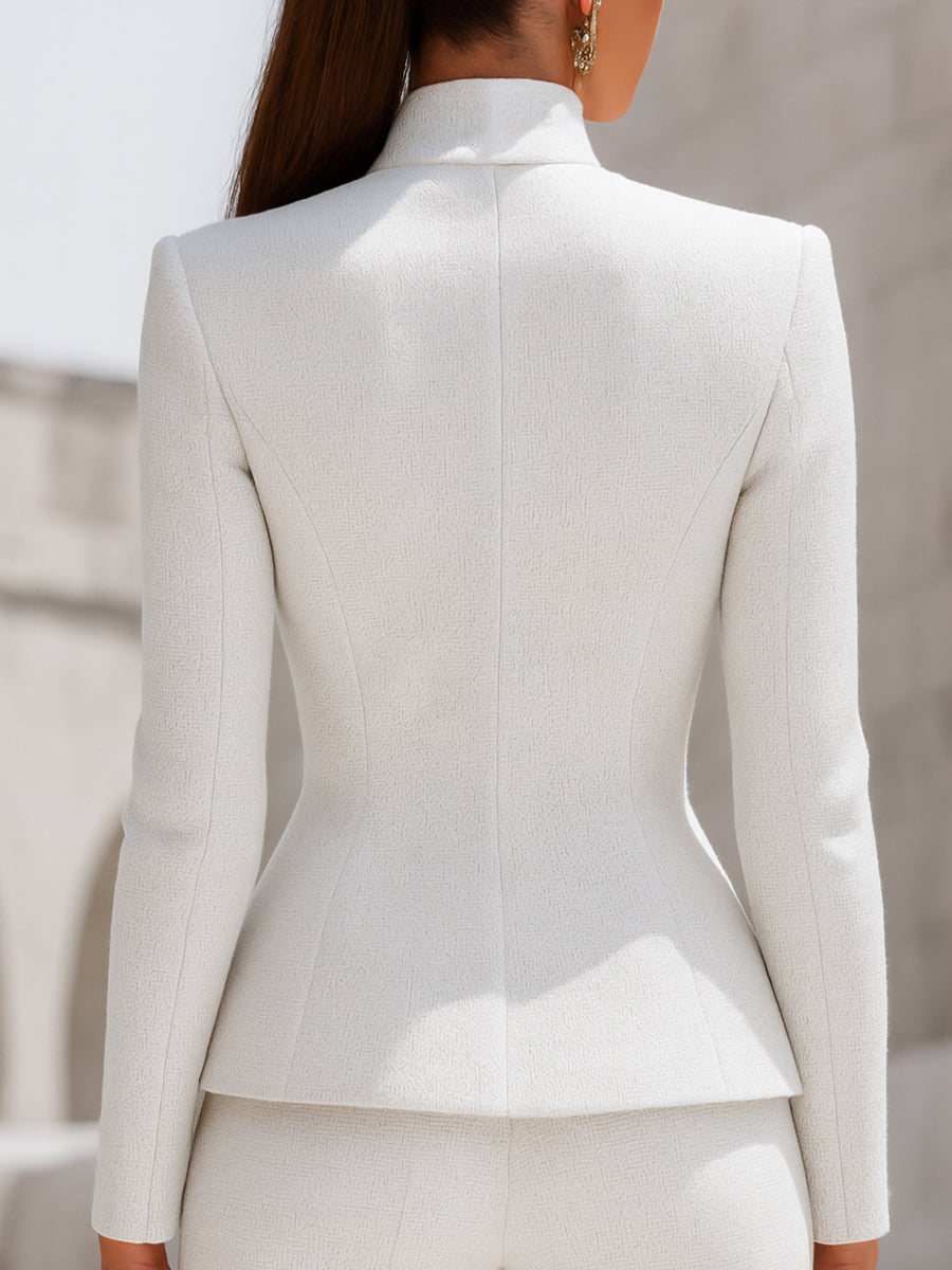 White Tweed Stand Collar Gold Button Blazer by Stylish Polish 